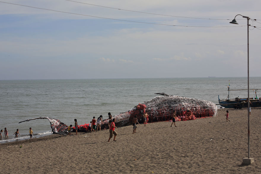 Cette baleine échouée est remplie de plastiques pour sensibiliser à la pollution