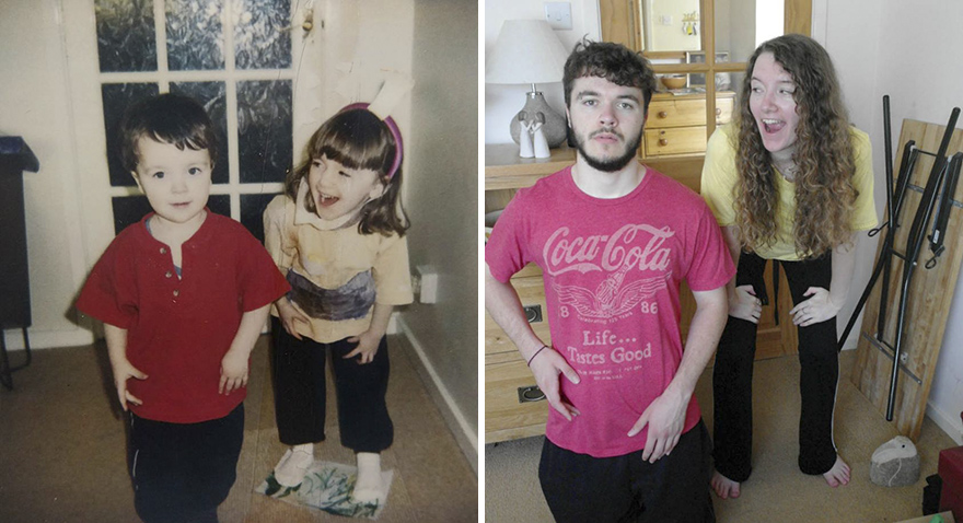 Une soeur et son frère parodient leurs photos d'enfance pour leurs parents