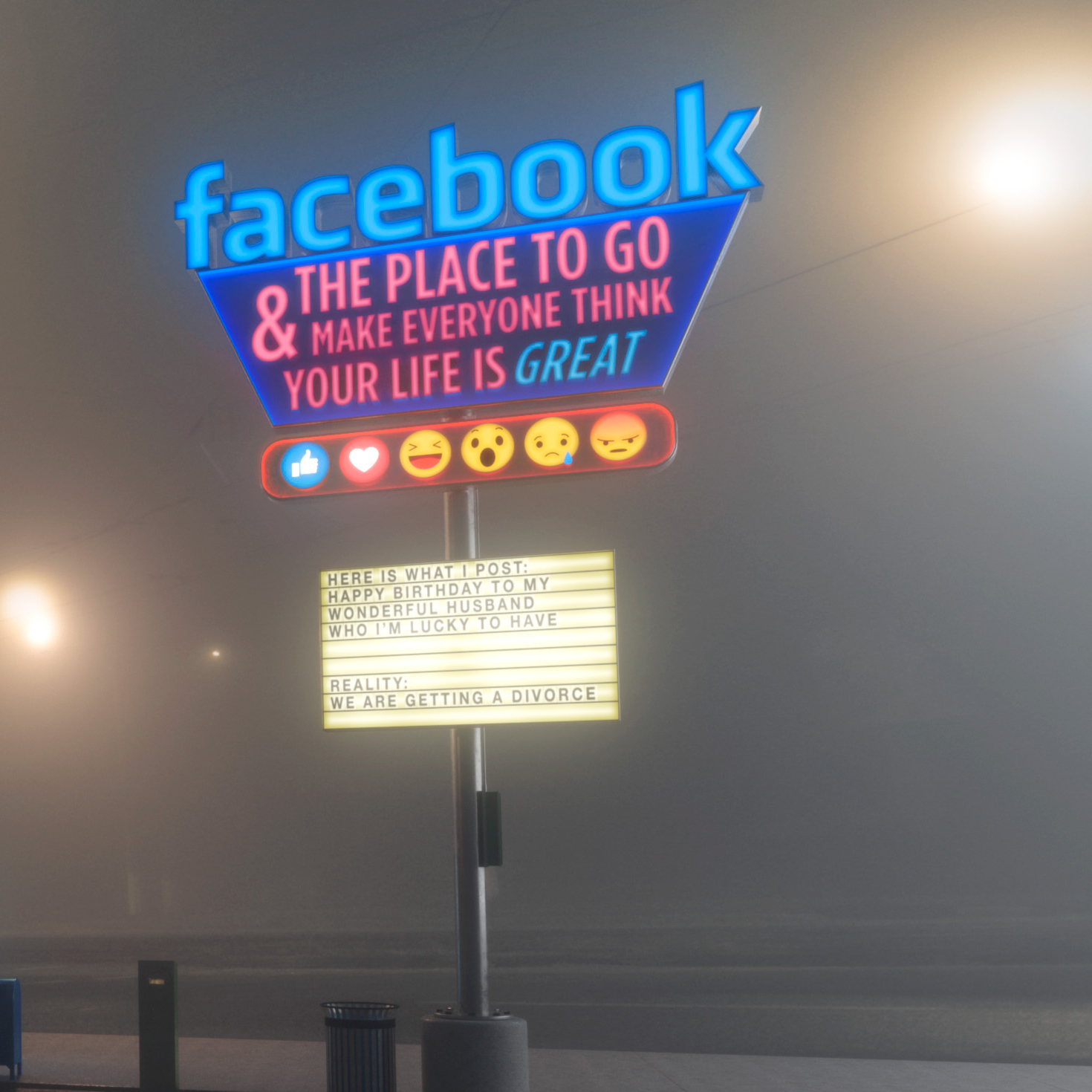 Mike Campau tacle les réseaux sociaux façon publicités américaine avec des néons