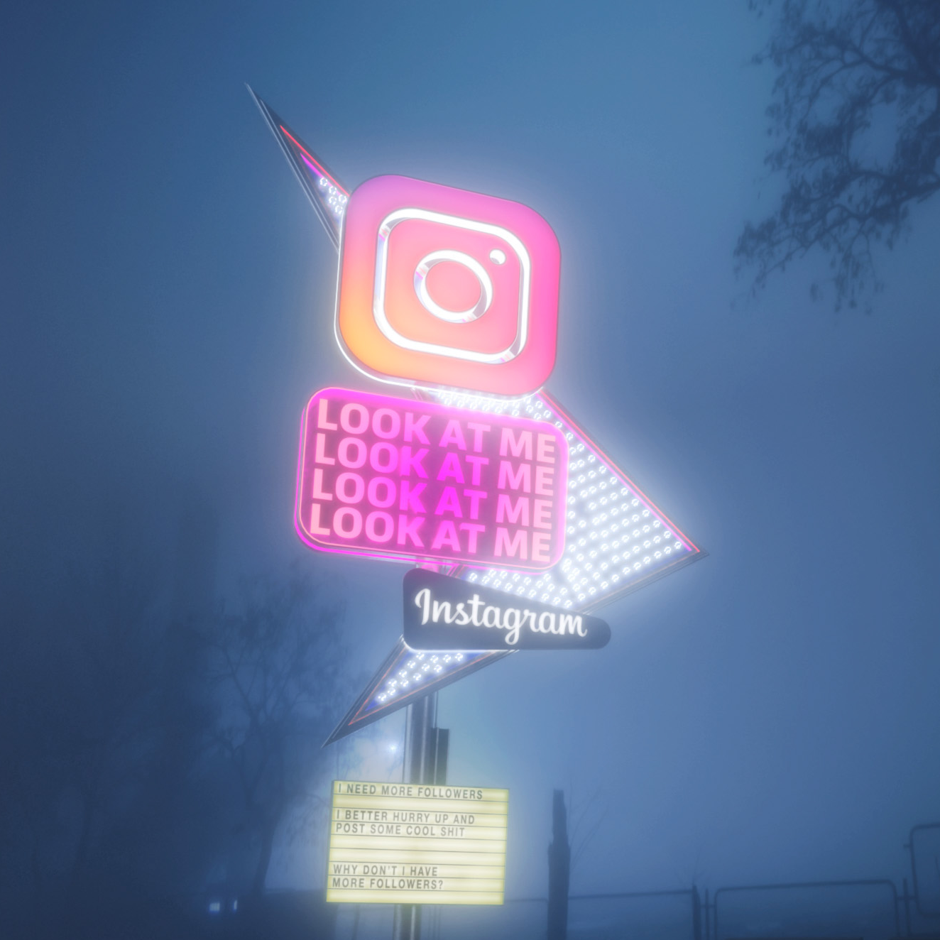 Mike Campau tacle les réseaux sociaux façon publicités américaine avec des néons