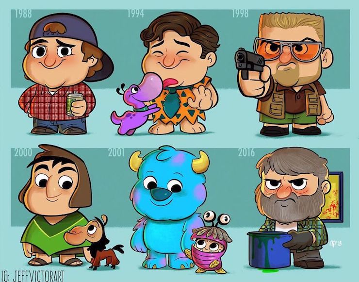 This illustrator represents the evolution of famous characters over the years