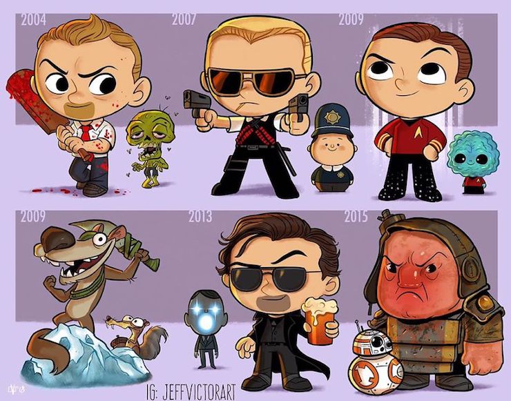 This illustrator represents the evolution of famous characters over the years