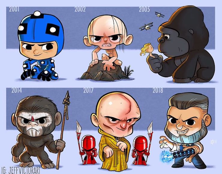 This illustrator represents the evolution of famous characters over the years