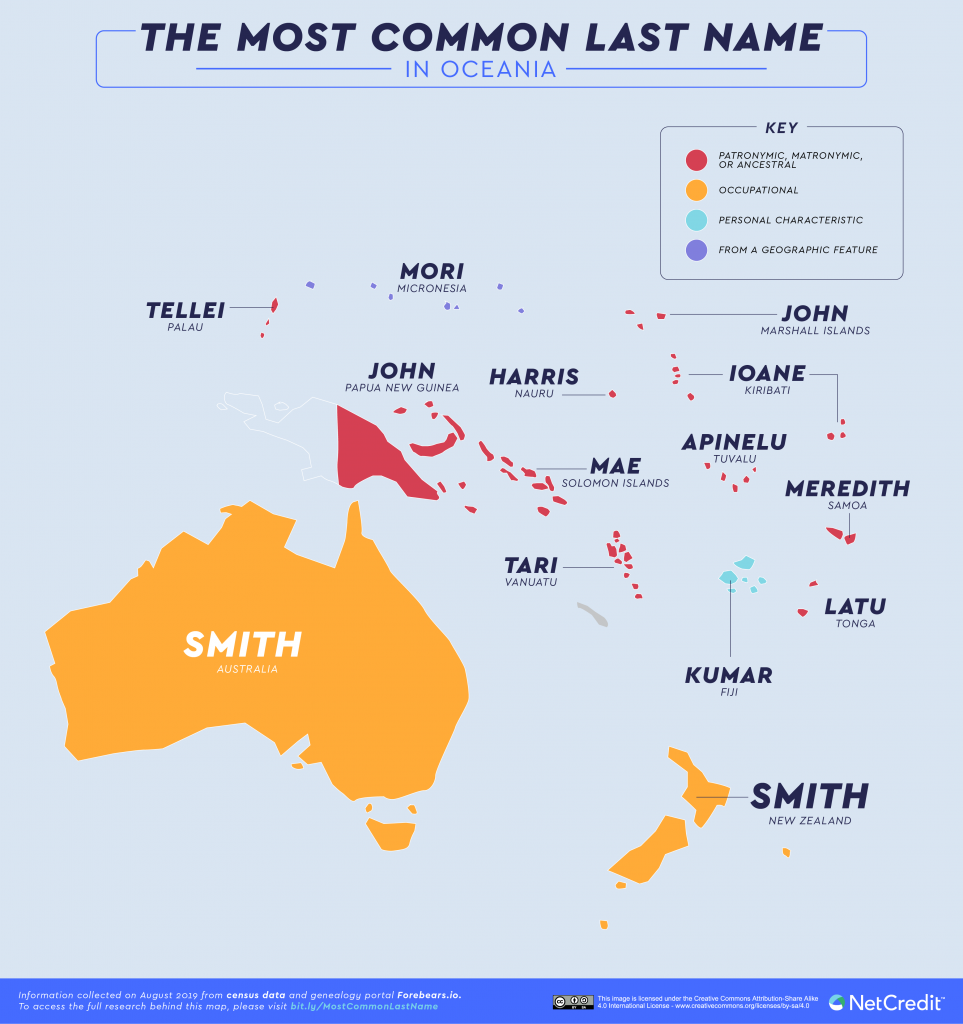 Cette carte du monde présente le nom de famille le plus porté dans