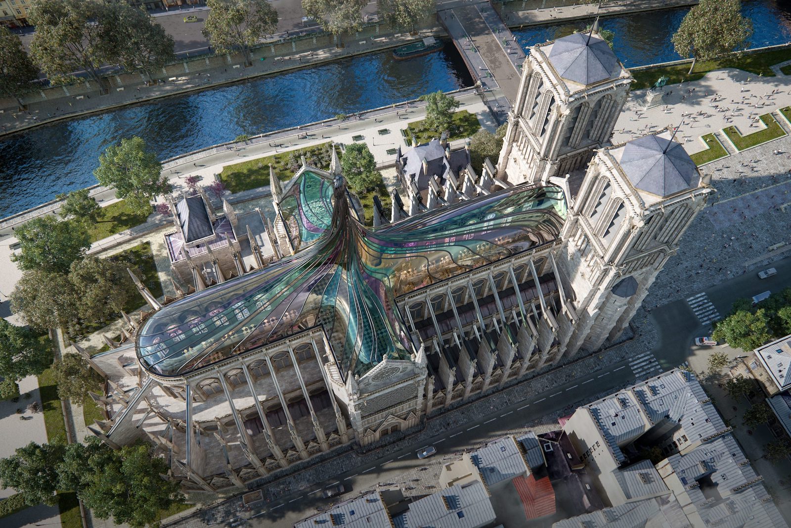 Cet architecte imagine un toit en vitrail qui se tord en flèche pour Notre-Dame de Paris