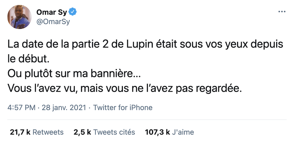 Le Coup De Genie De Netflix Pour Annoncer La Date De La Partie 2 De Lupin Sur Twitter