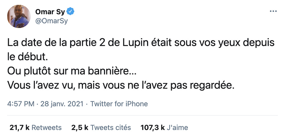 Le coup de génie Netflix pour annoncer la date de la partie 2 de Lupin sur Twitter