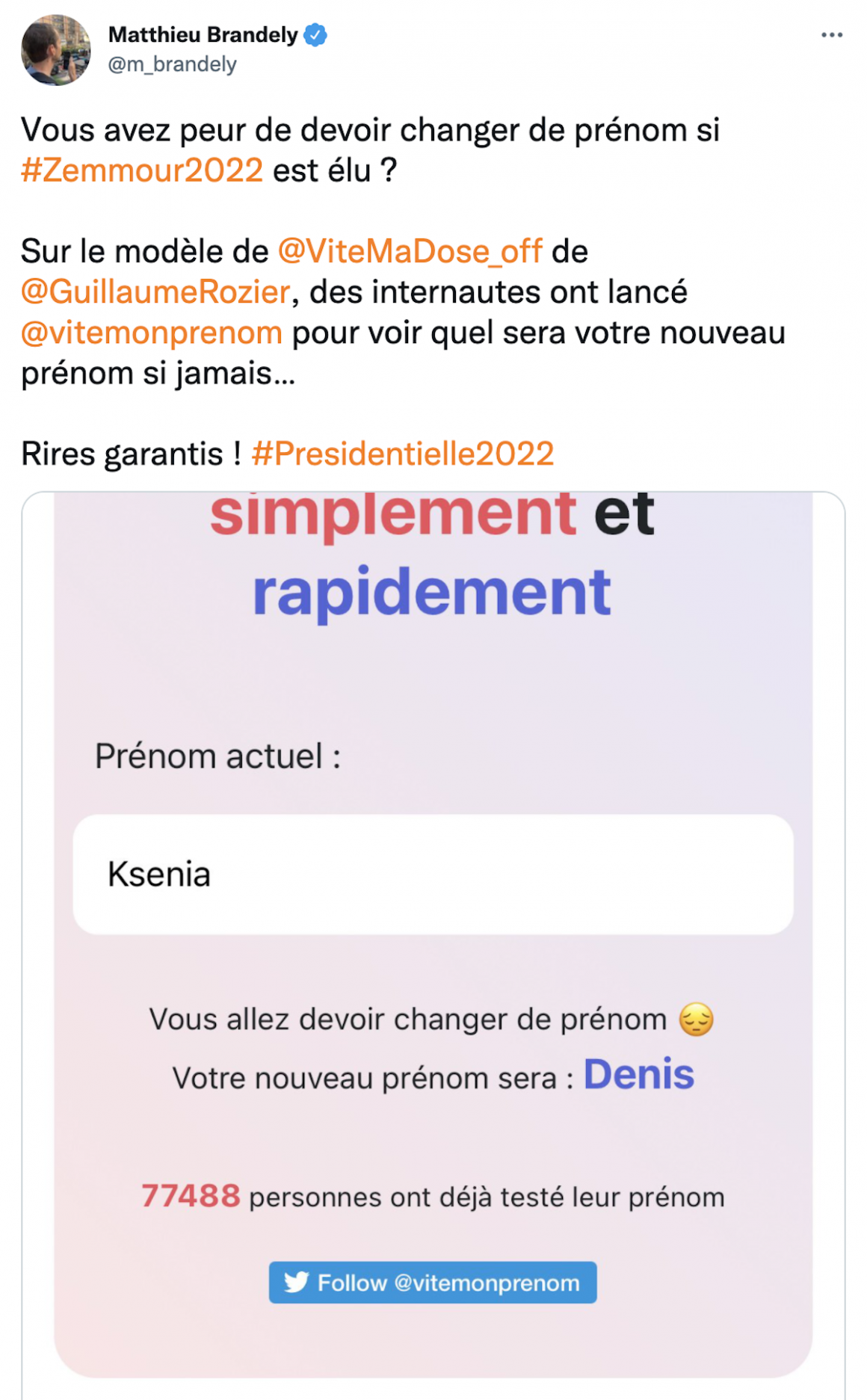 ViteMonPrenom le site qui vous attribue un nouveau prénom si Zemmour est élu