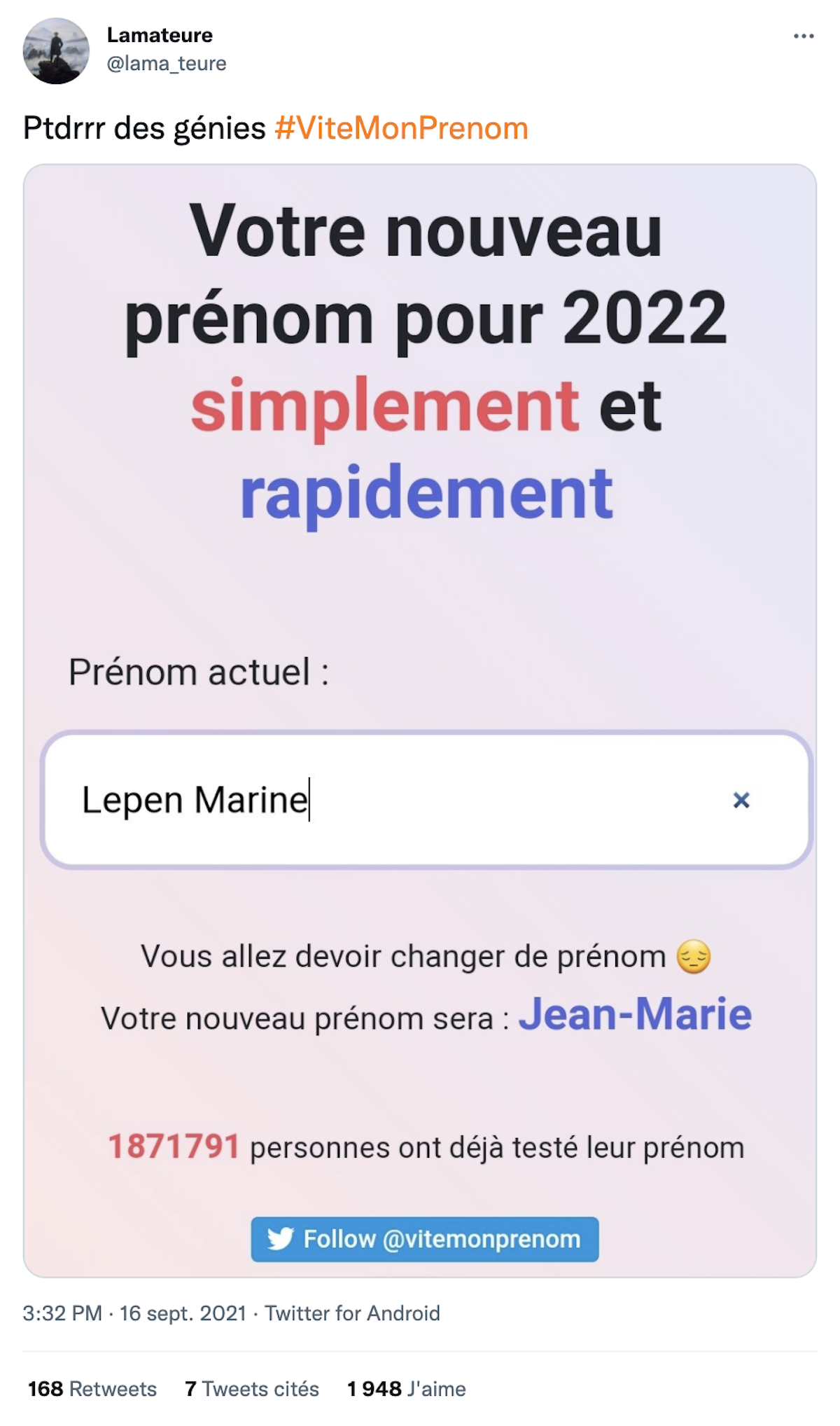 ViteMonPrenom le site qui vous attribue un nouveau prénom si Zemmour