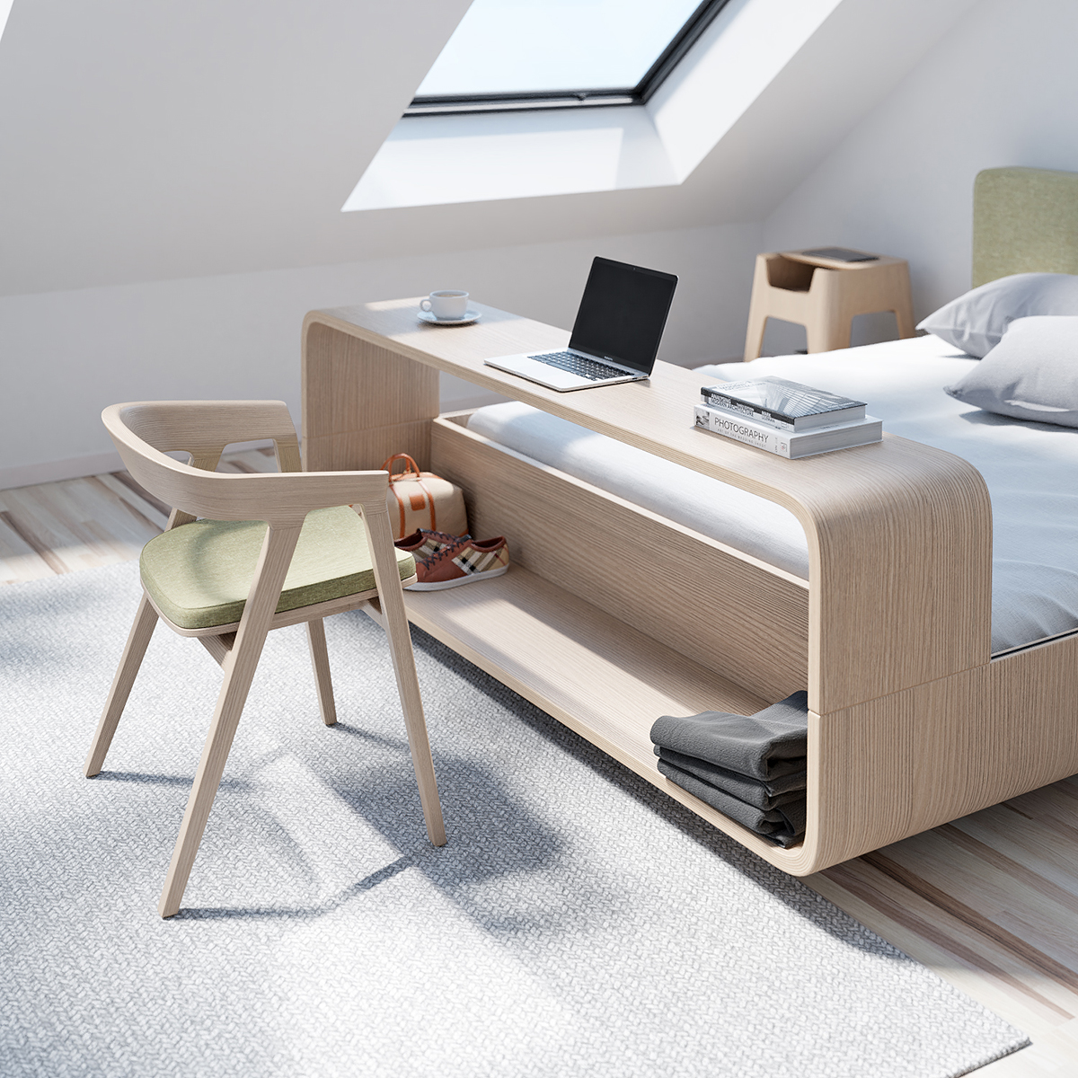 Ce lit design en bois intègre un bureau pour travailler assis et allongé